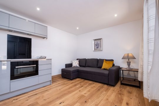 Weeping Willow, Three Tuns Apartments, Pettistree - open plan kitchen and living area with grey corner sofa