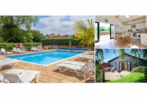 Gardeners Cottage, two bedroom cottage at East Green Farm, Kelsale - outdoor pool with sun loungers, kitchen diner and garden