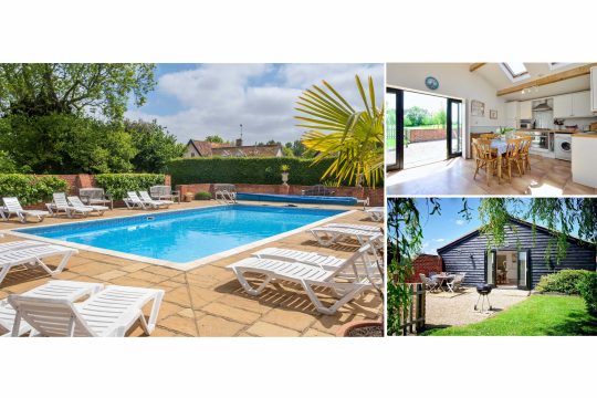 Gardeners Cottage, two bedroom cottage at East Green Farm, Kelsale - outdoor pool with sun loungers, kitchen diner and garden