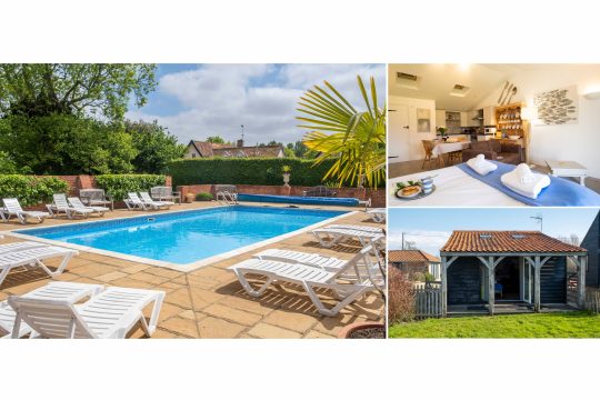 Studio Barn, East Green Farm Cottages near Saxmundham - outdoor pool with sun loungers, bedroom and barn exterior